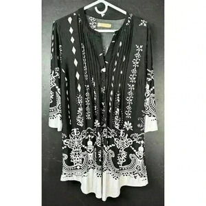 La Cera Dress Women Size Large Button Front Pleated Floral Black Long Sleeve
